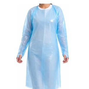 Pechera con manga tipo delantal plástico desechable celeste con ojal en caja de 100 unids. Barrera impermeable no estéril