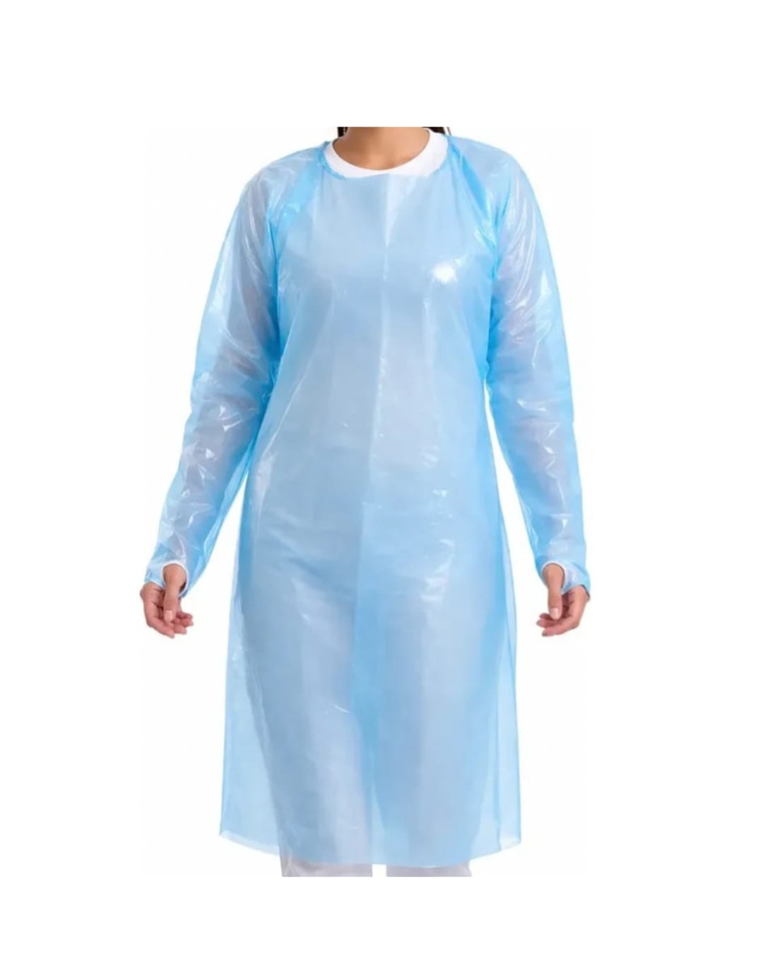 Pechera con manga tipo delantal plástico desechable celeste con ojal en caja de 100 unids. Barrera impermeable no estéril