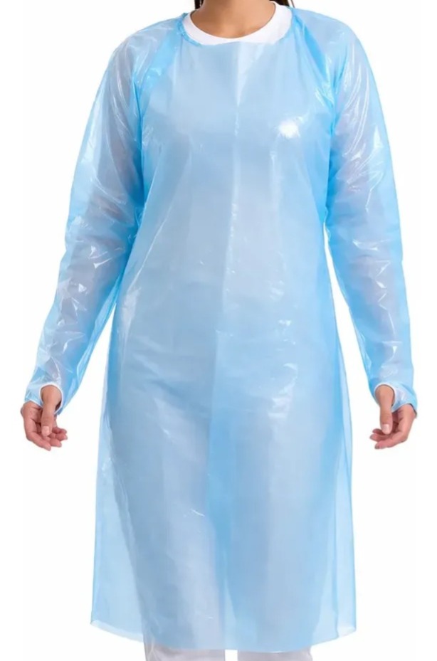Pechera con manga tipo delantal plástico desechable celeste con ojal en caja de 100 unids. Barrera impermeable no estéril