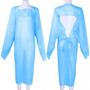 Pechera con manga tipo delantal plástico desechable celeste con ojal en caja de 100 unids. Barrera impermeable no estéril